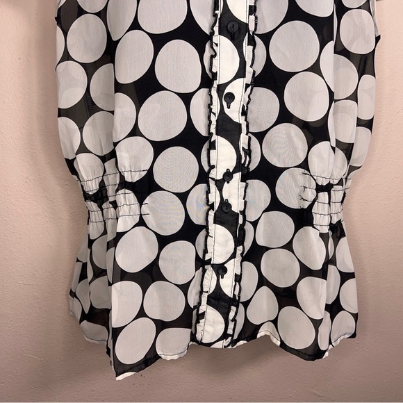 LARGE Y2K ERA BLACK WHITE POLKA DOT RETRO BLOUSE PINUP RUFFLE SHORT SLEEVE - Picture 7 of 10